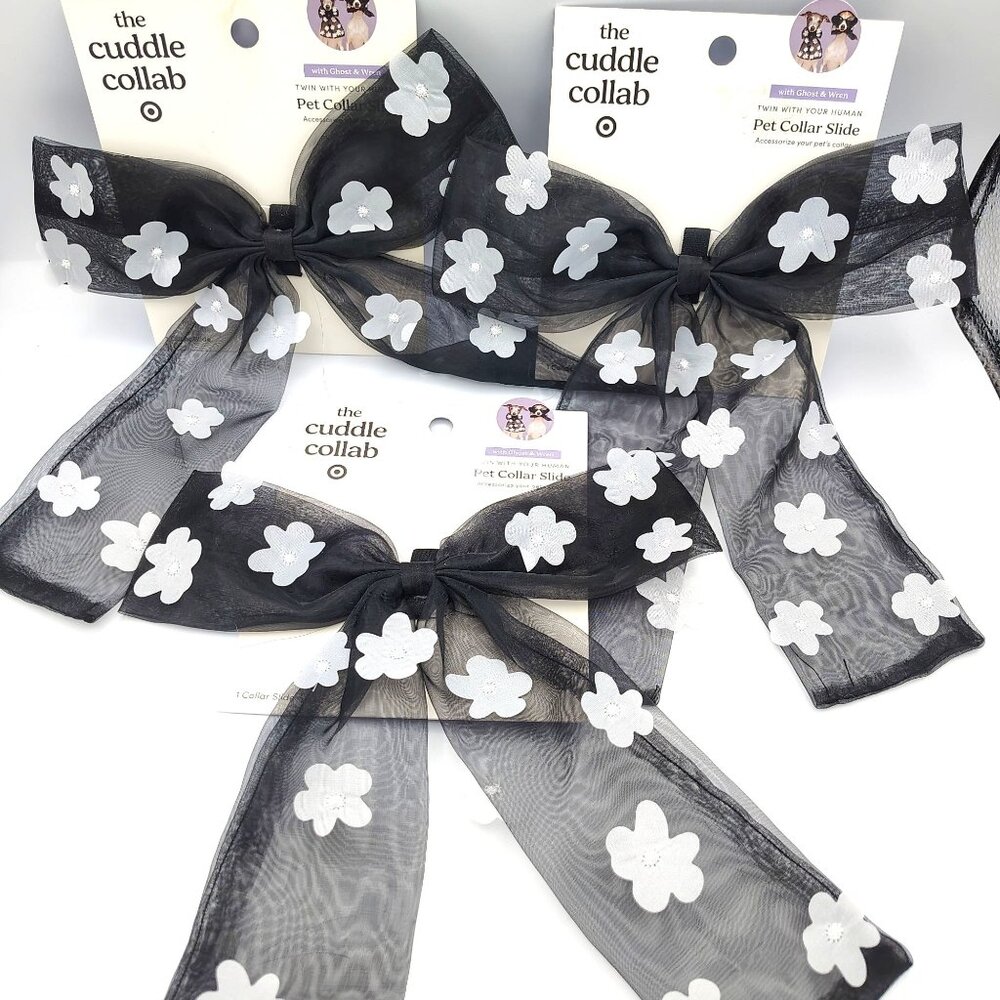 Pet Bow Collar Slide Cuddle Collab Black Sheer White Flowers Lot of 3 Dog Cat